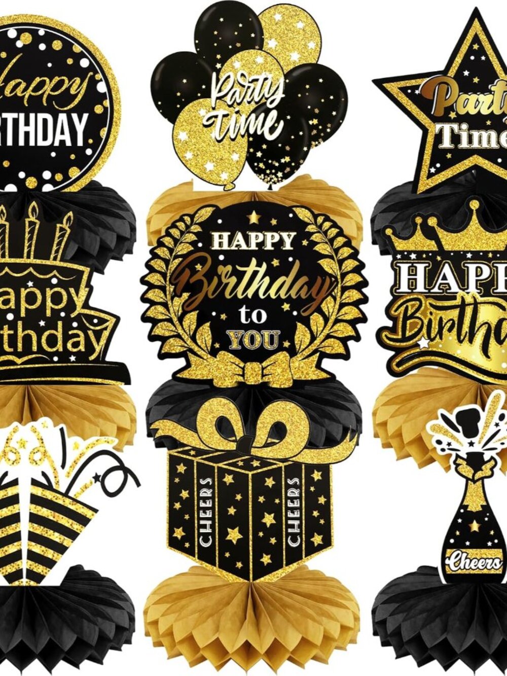 9 PCS Happy Birthday Party Table Decorations | Black and Gold Birthday Center Pi